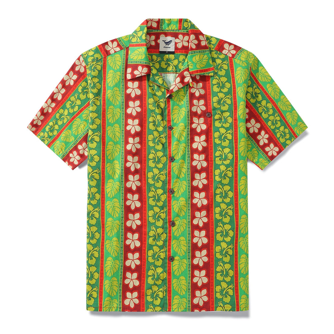 Men's 100% cotton Hawaiian shirt with vertical garden pattern and camp collar