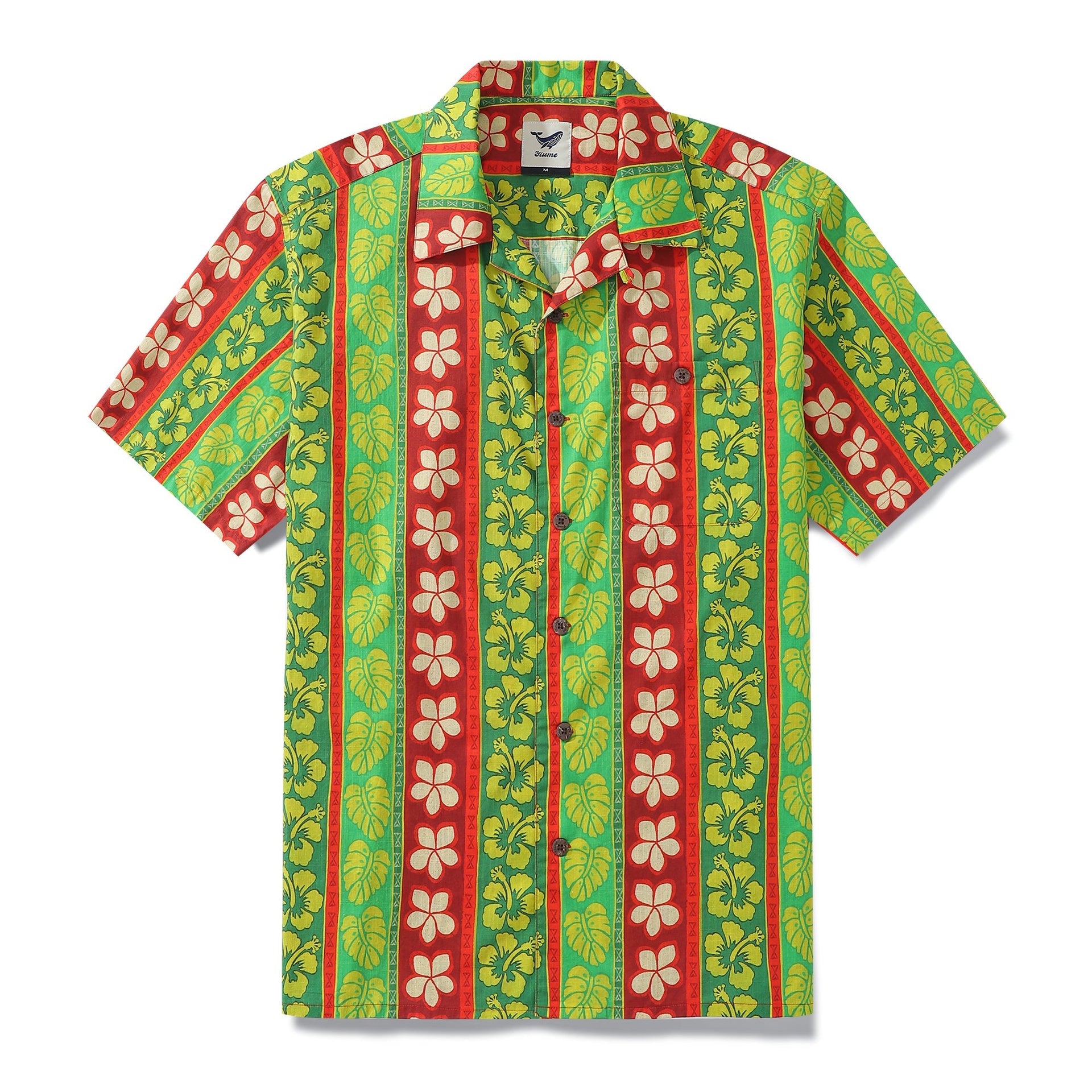 Men's 100% cotton Hawaiian shirt with vertical garden pattern and camp collar