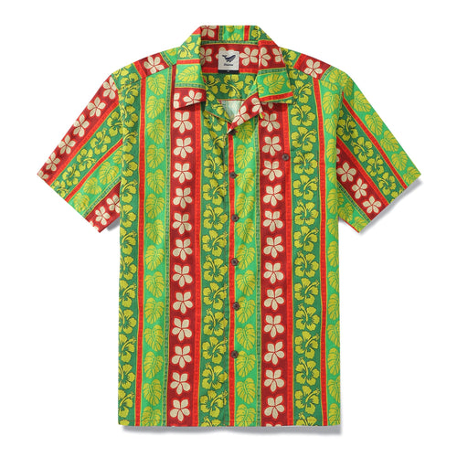 Men's 100% cotton Hawaiian shirt with vertical garden pattern and camp collar