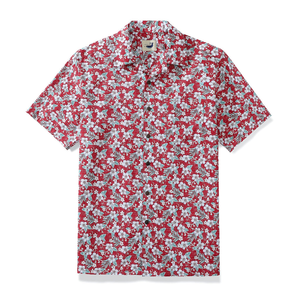 Men's red and white floral hibiscus and frangipani camp shirt with coconut buttons