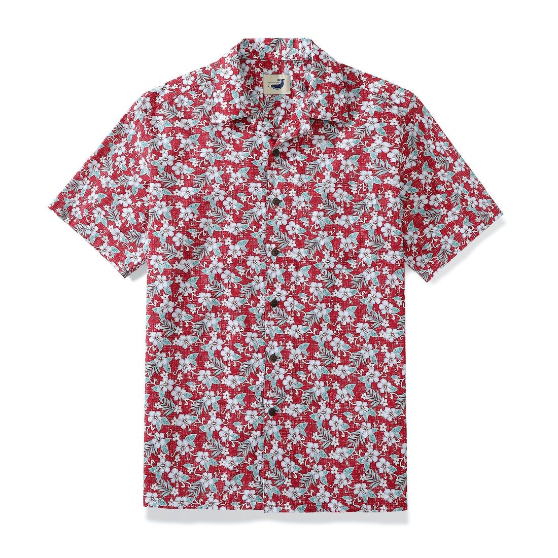 Men's red and white floral hibiscus and frangipani camp shirt with coconut buttons