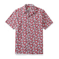 Men's red and white floral hibiscus and frangipani camp shirt with coconut buttons