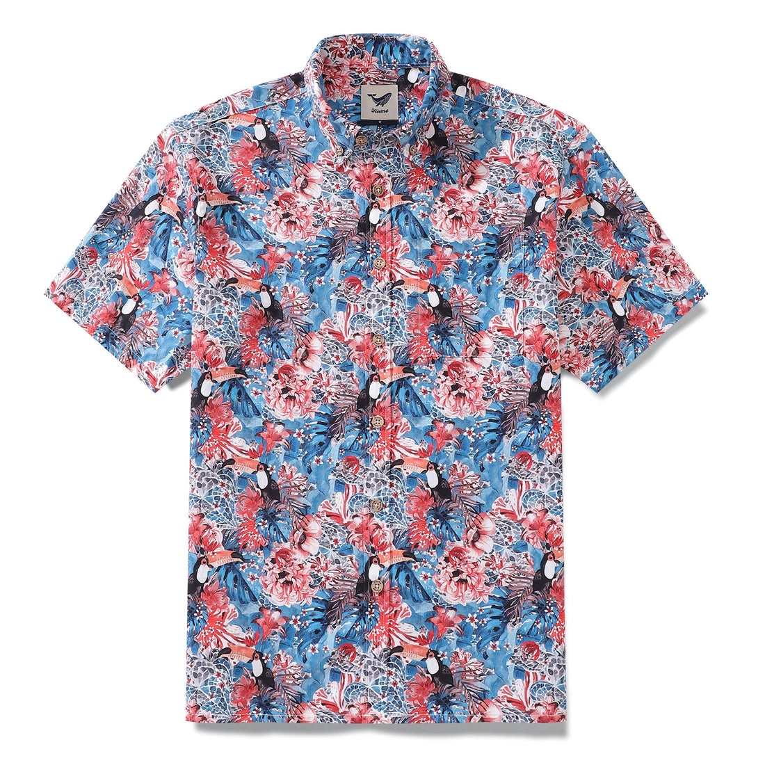 Men's blue Hawaiian shirt with red floral and toucan animal print.