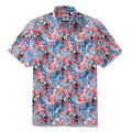 Men's blue Hawaiian shirt with red floral and toucan animal print.