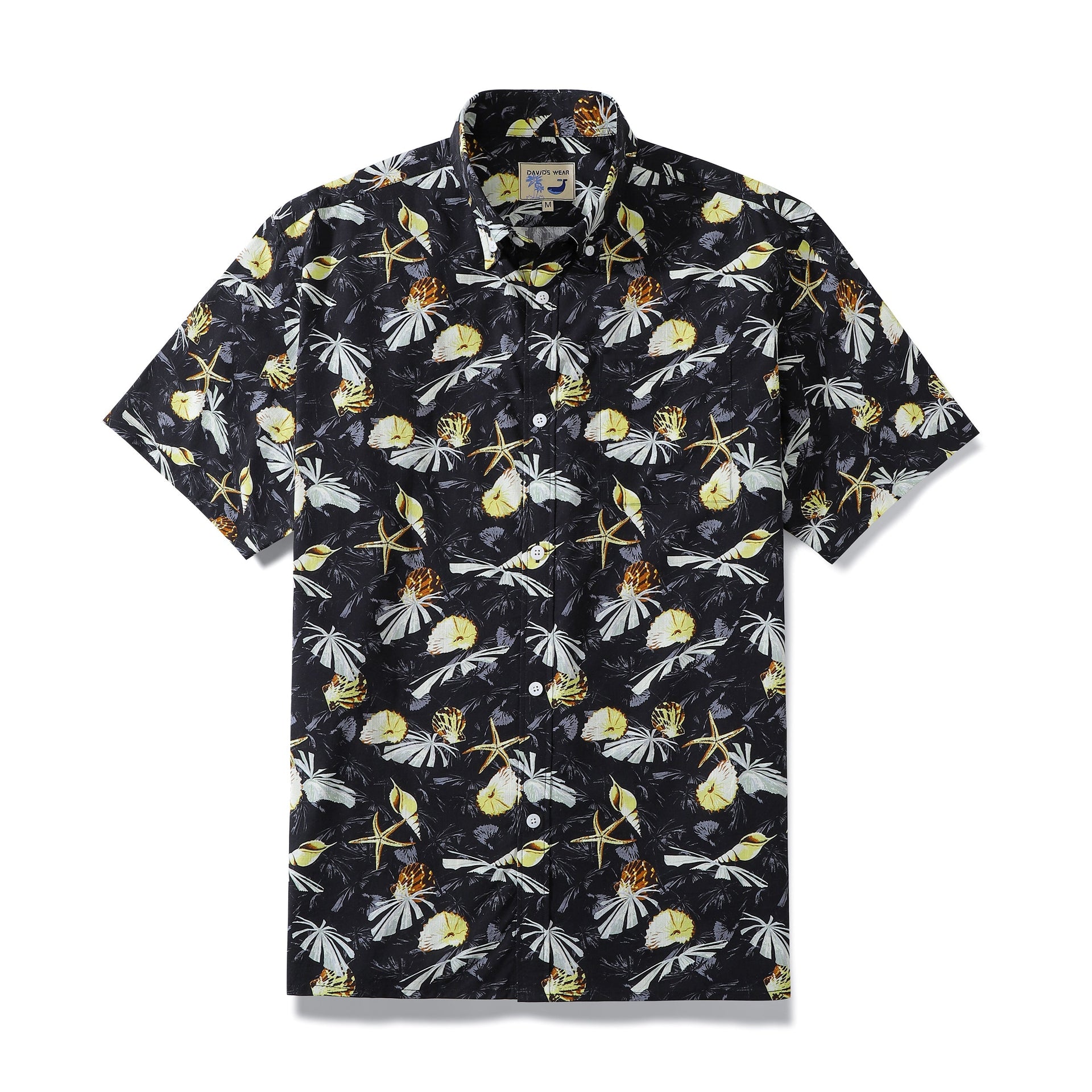 Vintage Hawaiian shirt with tropical conch shells on a black, yellow, and white background.