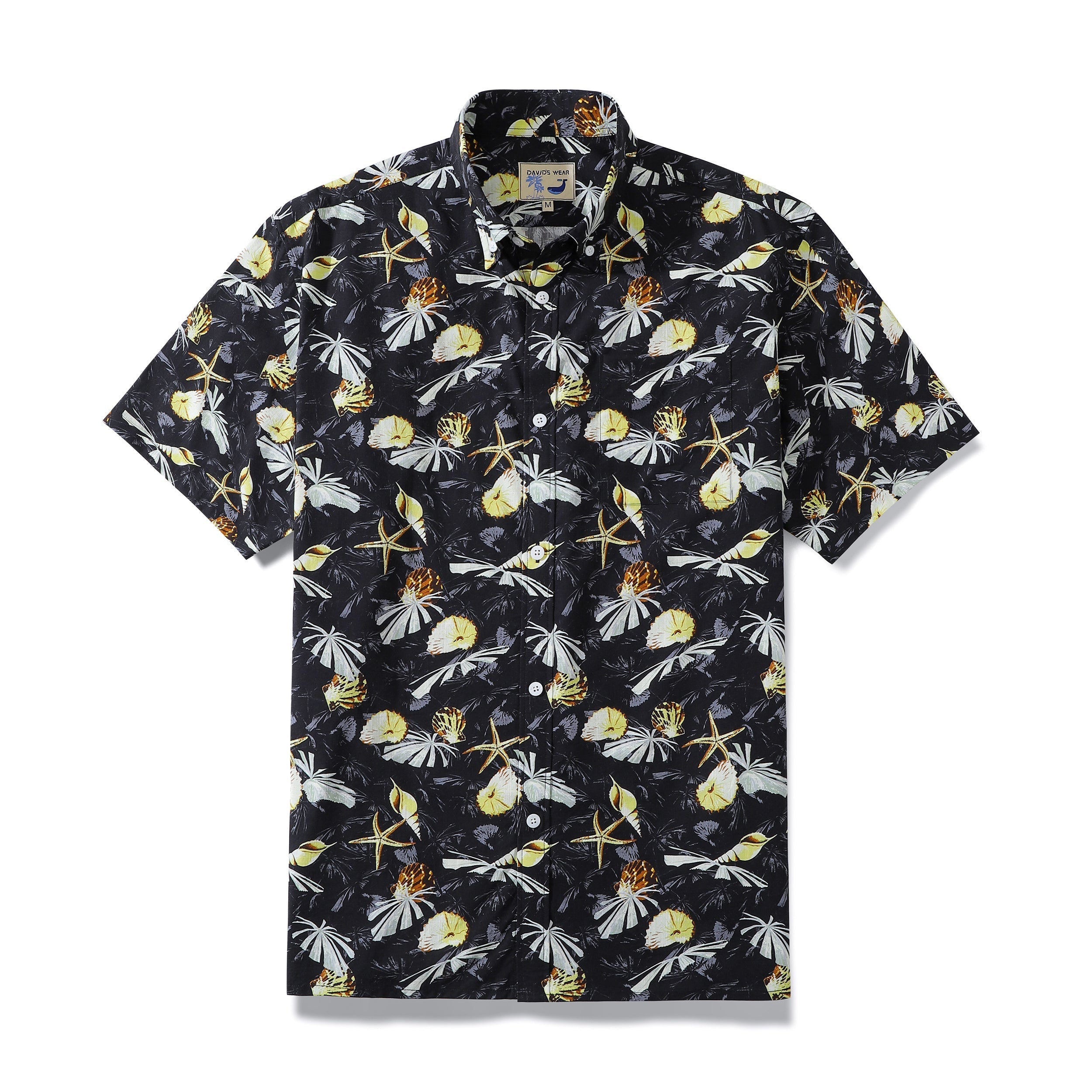 Vintage Hawaiian shirt with tropical conch shells on a black, yellow, and white background.