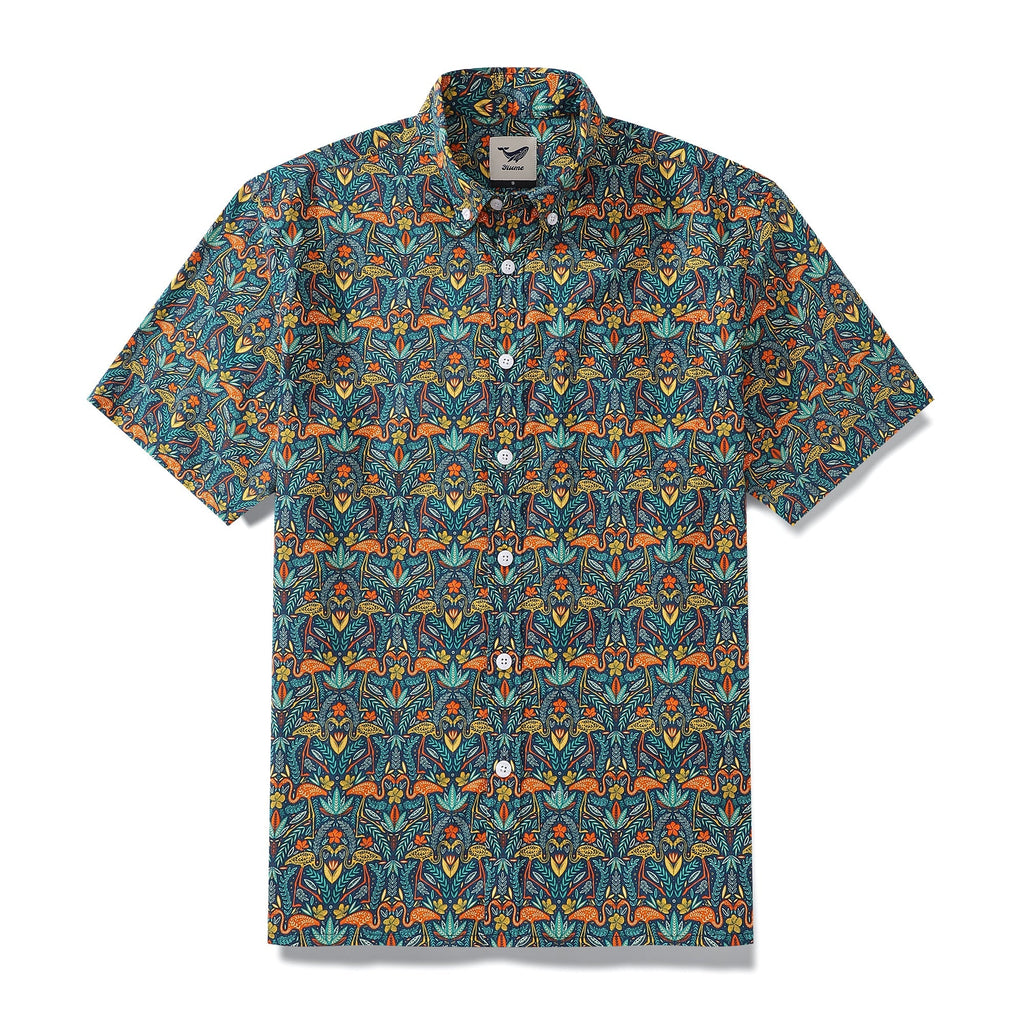 Men's tropical Hawaiian shirt featuring a jungle print with flamingos in teal, orange, and yellow.