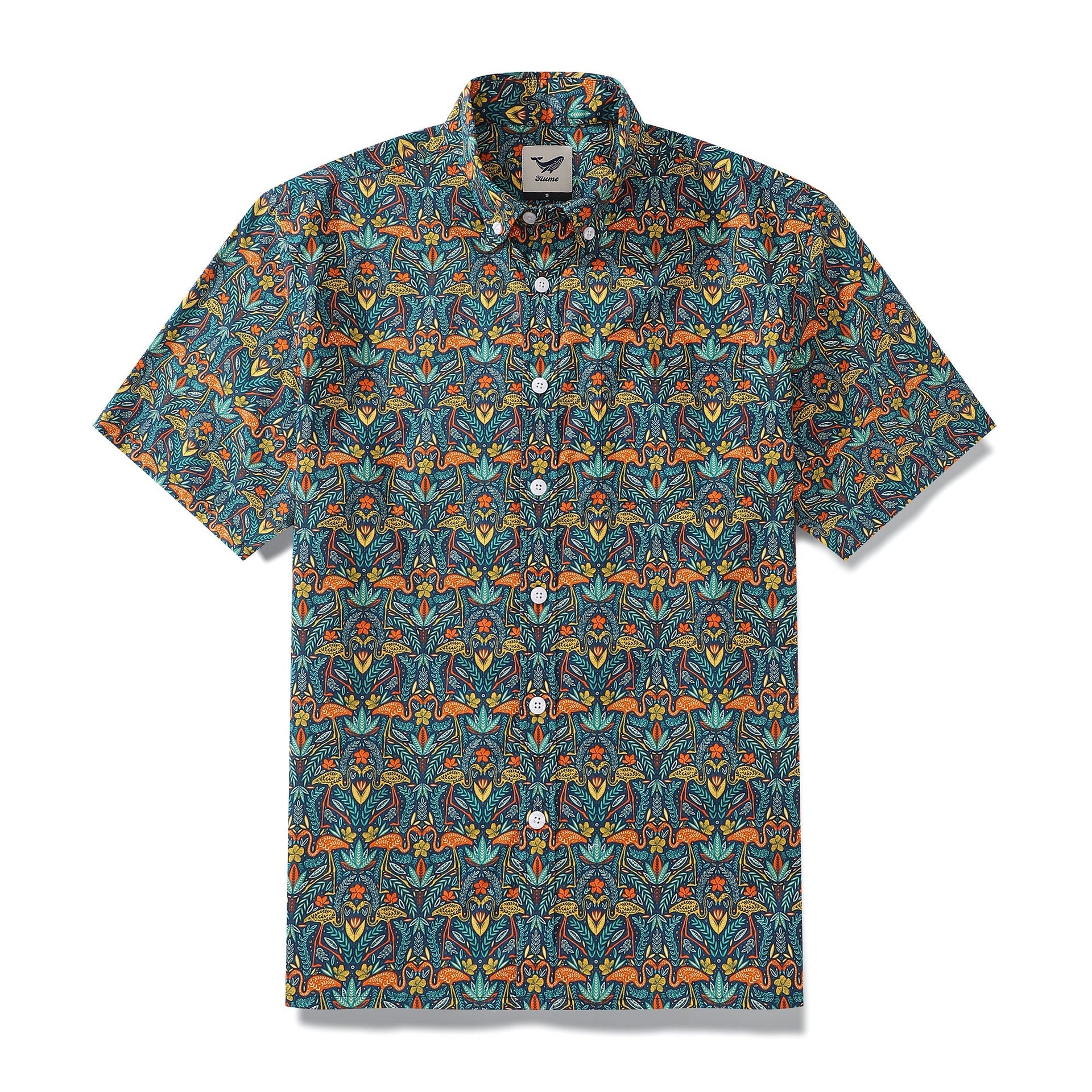 Men's tropical Hawaiian shirt featuring a jungle print with flamingos in teal, orange, and yellow.