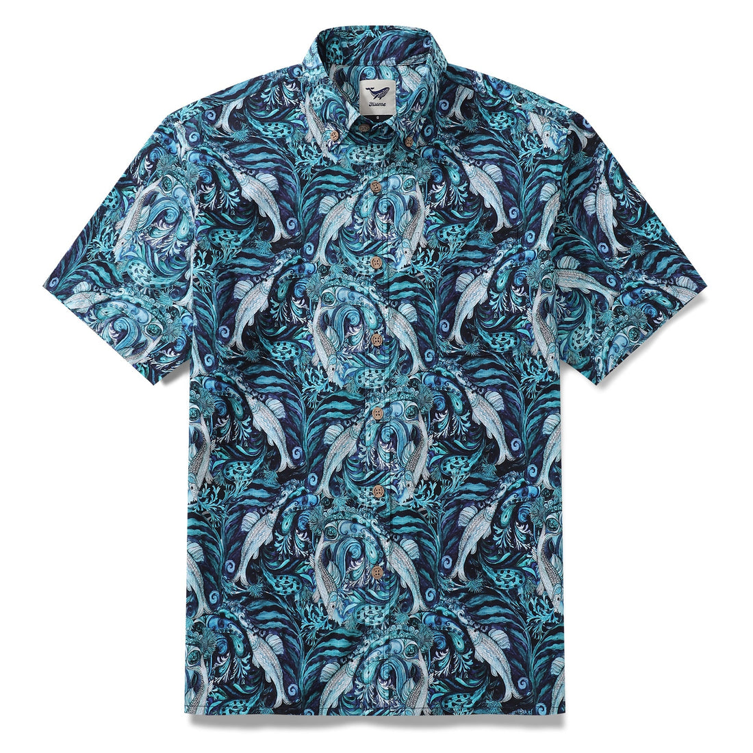 Men's cotton aloha shirt with marine life print featuring sea-bass and seashells