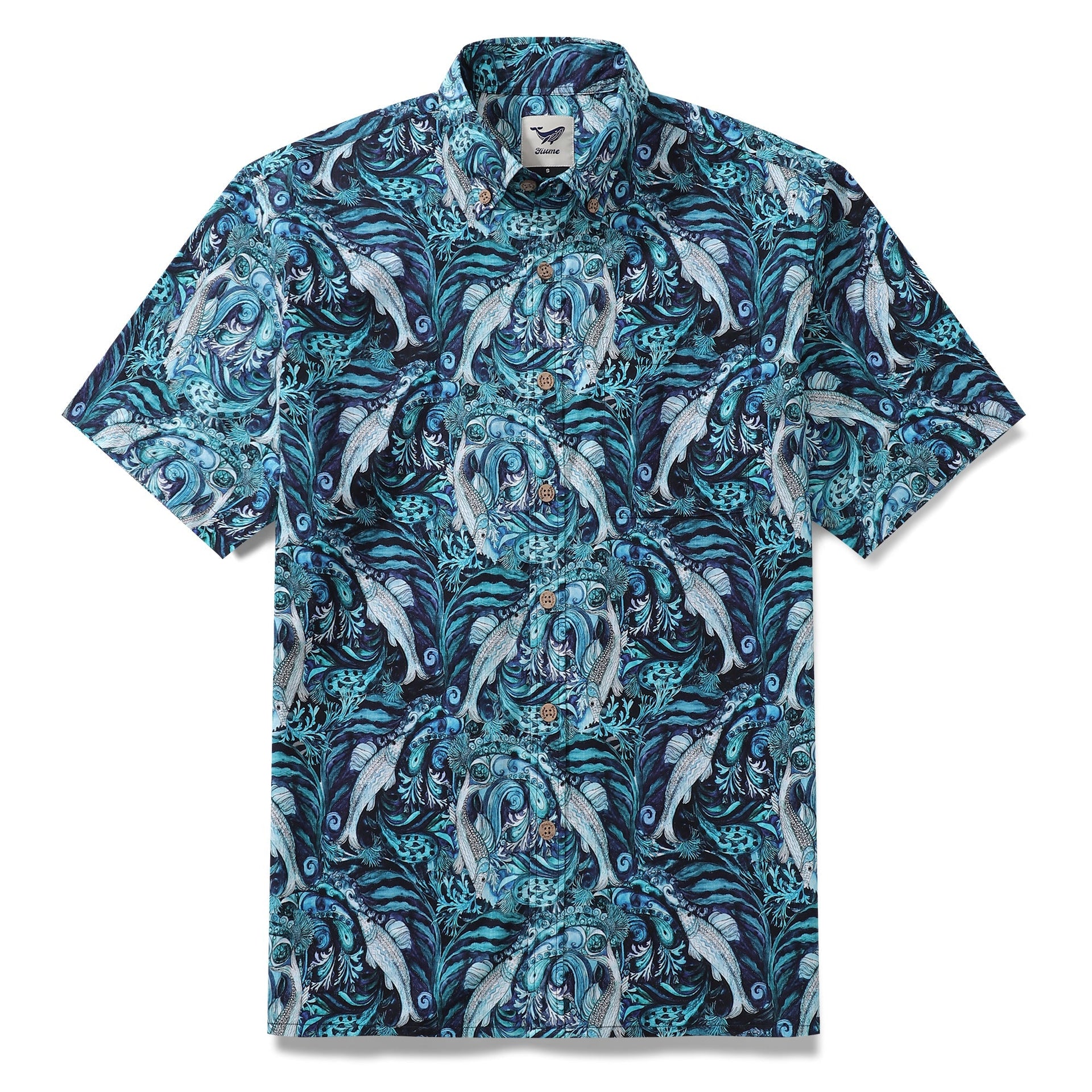 Men's cotton aloha shirt with marine life print featuring sea-bass and seashells