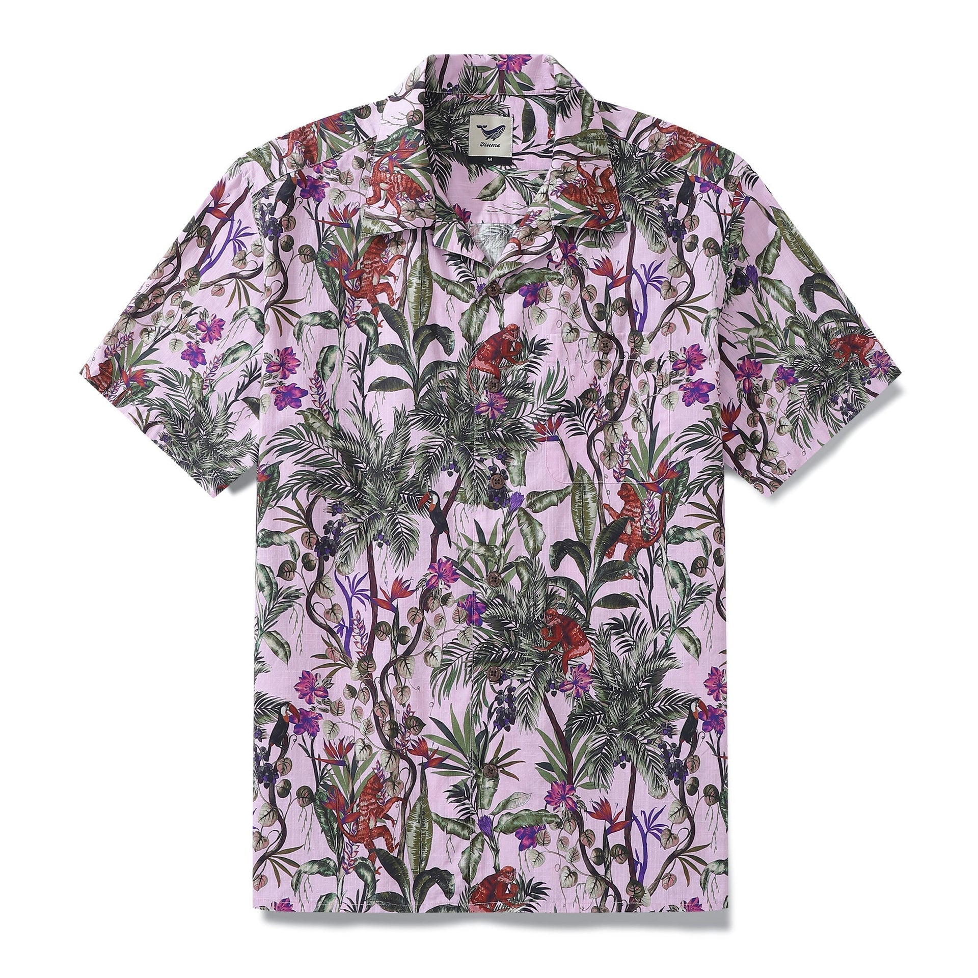 Men's pink tropical rainforest print shirt with monkeys and birds