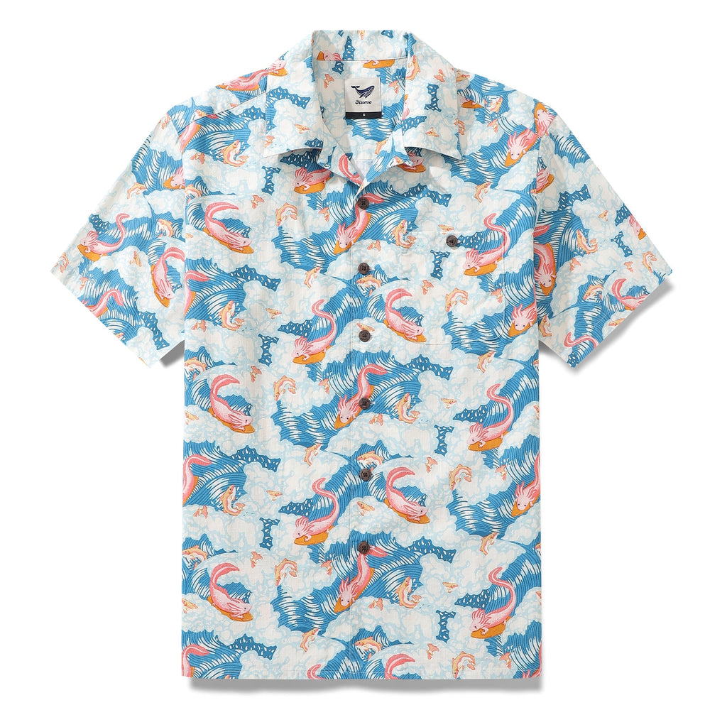 Unisex blue, white, and pink Hawaiian shirt featuring a quirky axolotl surfing pattern and camp collar