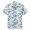 Unisex blue, white, and pink Hawaiian shirt featuring a quirky axolotl surfing pattern and camp collar