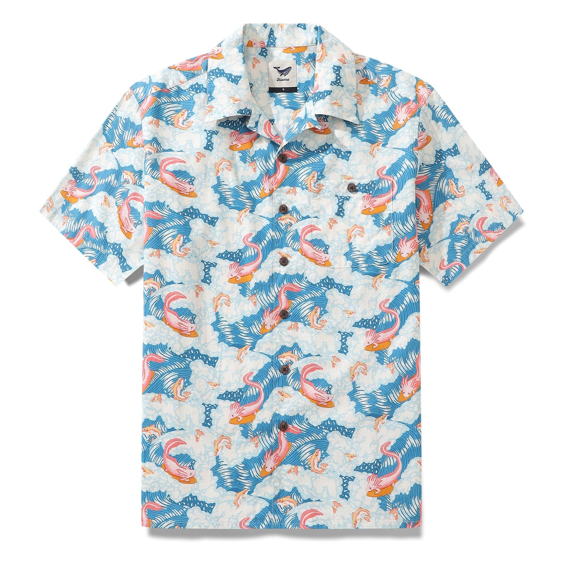 Unisex blue, white, and pink Hawaiian shirt featuring a quirky axolotl surfing pattern and camp collar