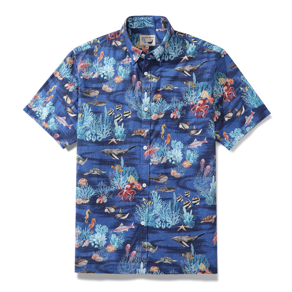 A vibrant blue men's Hawaiian shirt with detailed marine life and ocean patterns.