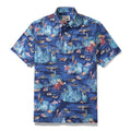 A vibrant blue men's Hawaiian shirt with detailed marine life and ocean patterns.