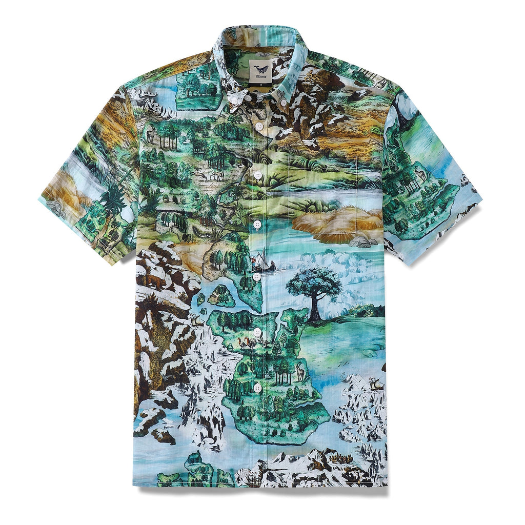 Men's vintage map print button-down shirt with green and blue color palette