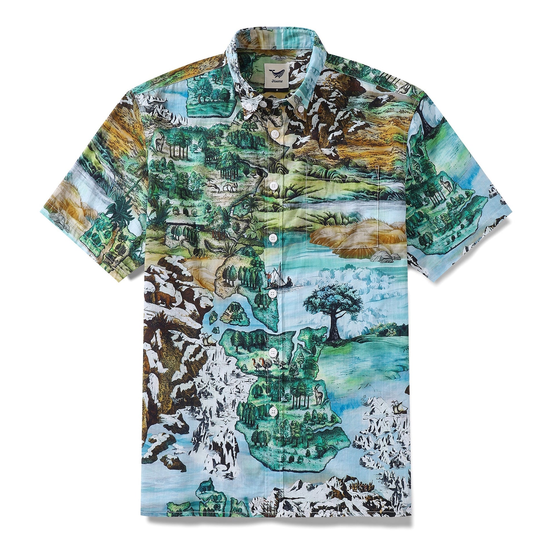 Men's vintage map print button-down shirt with green and blue color palette