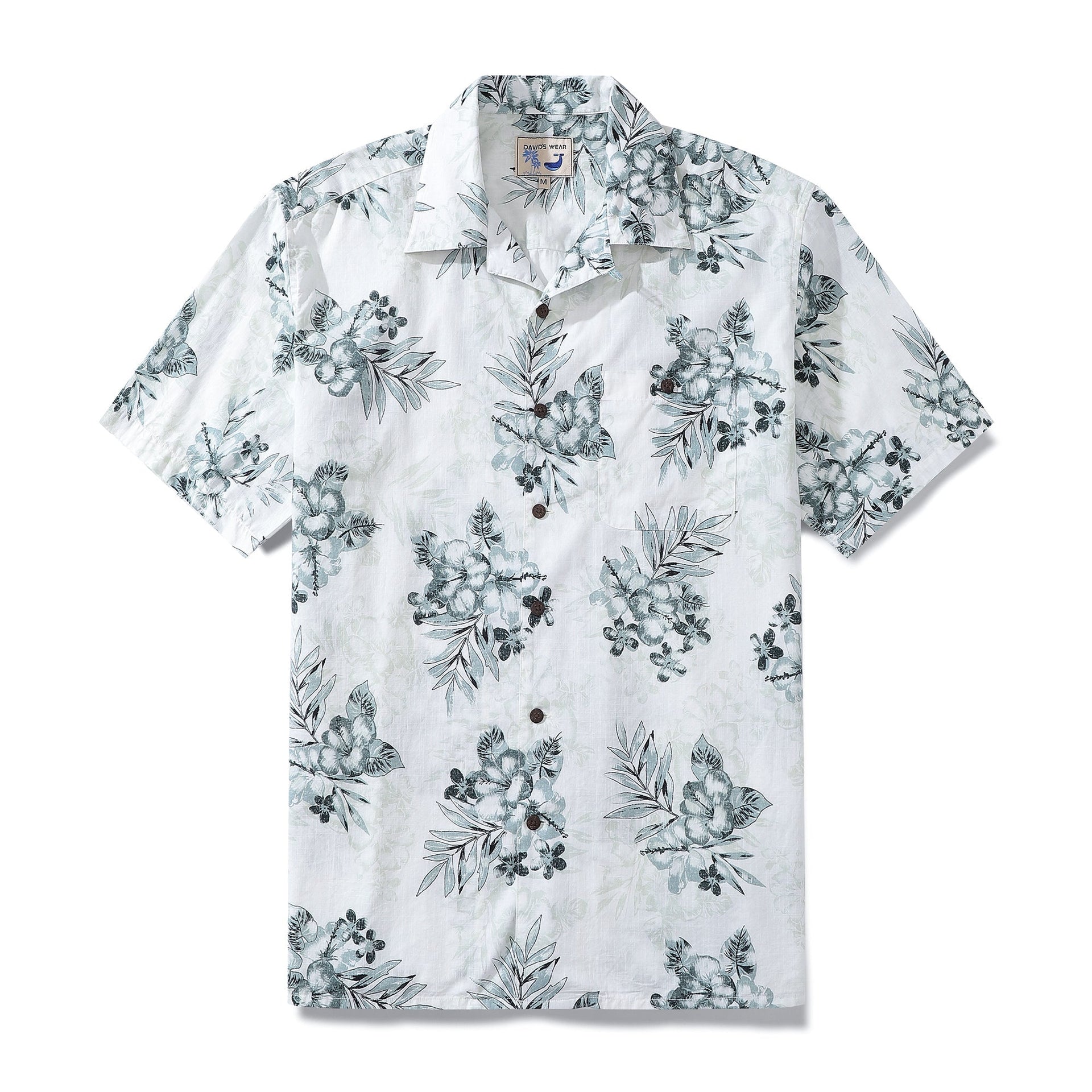 1920s vintage style Hawaiian shirt with hibiscus and palm leaf print