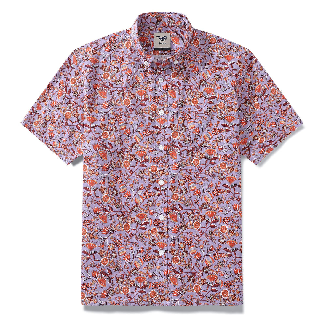 Purple and orange floral print short sleeve Hawaiian shirt.