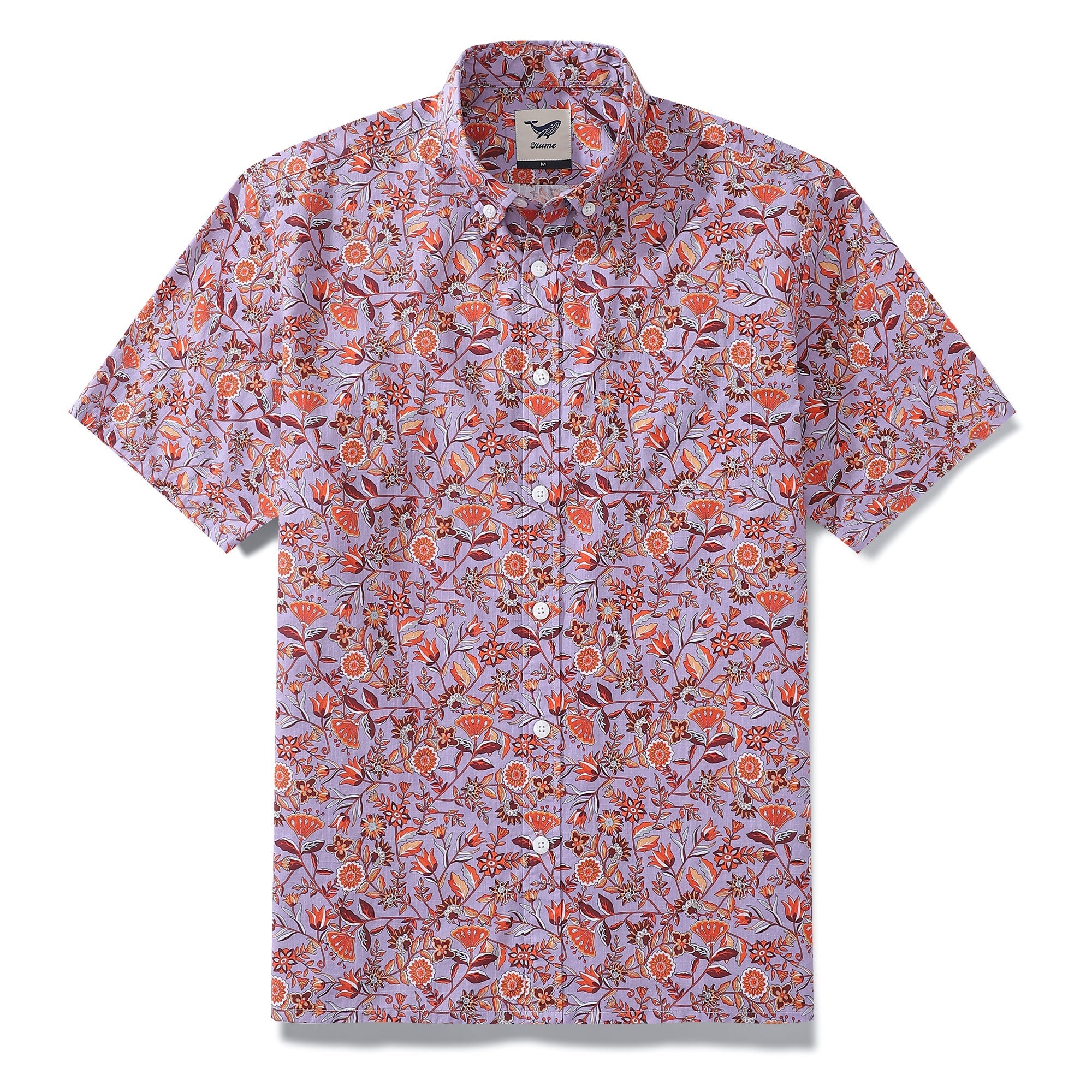 Purple and orange floral print short sleeve Hawaiian shirt.