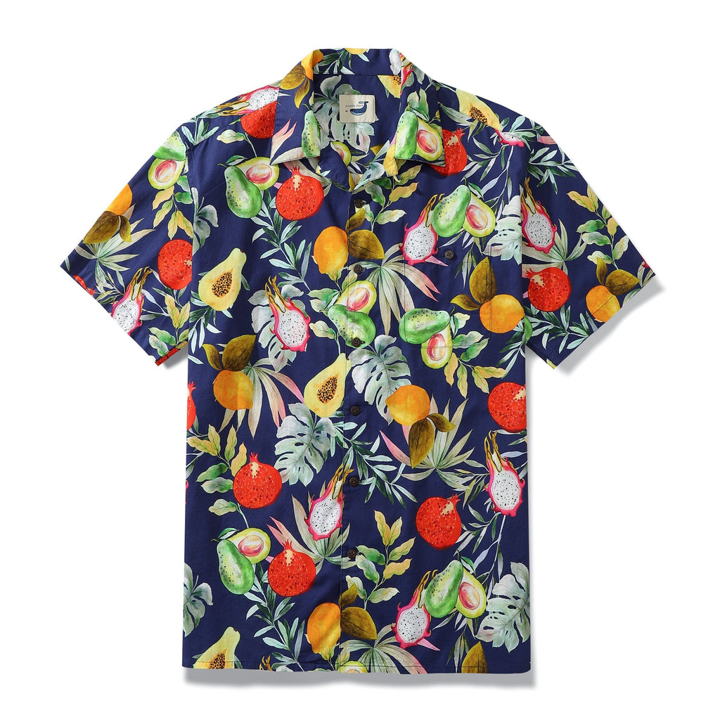 Men's navy blue Hawaiian shirt with avocado, papaya, and mango print in 100% cotton