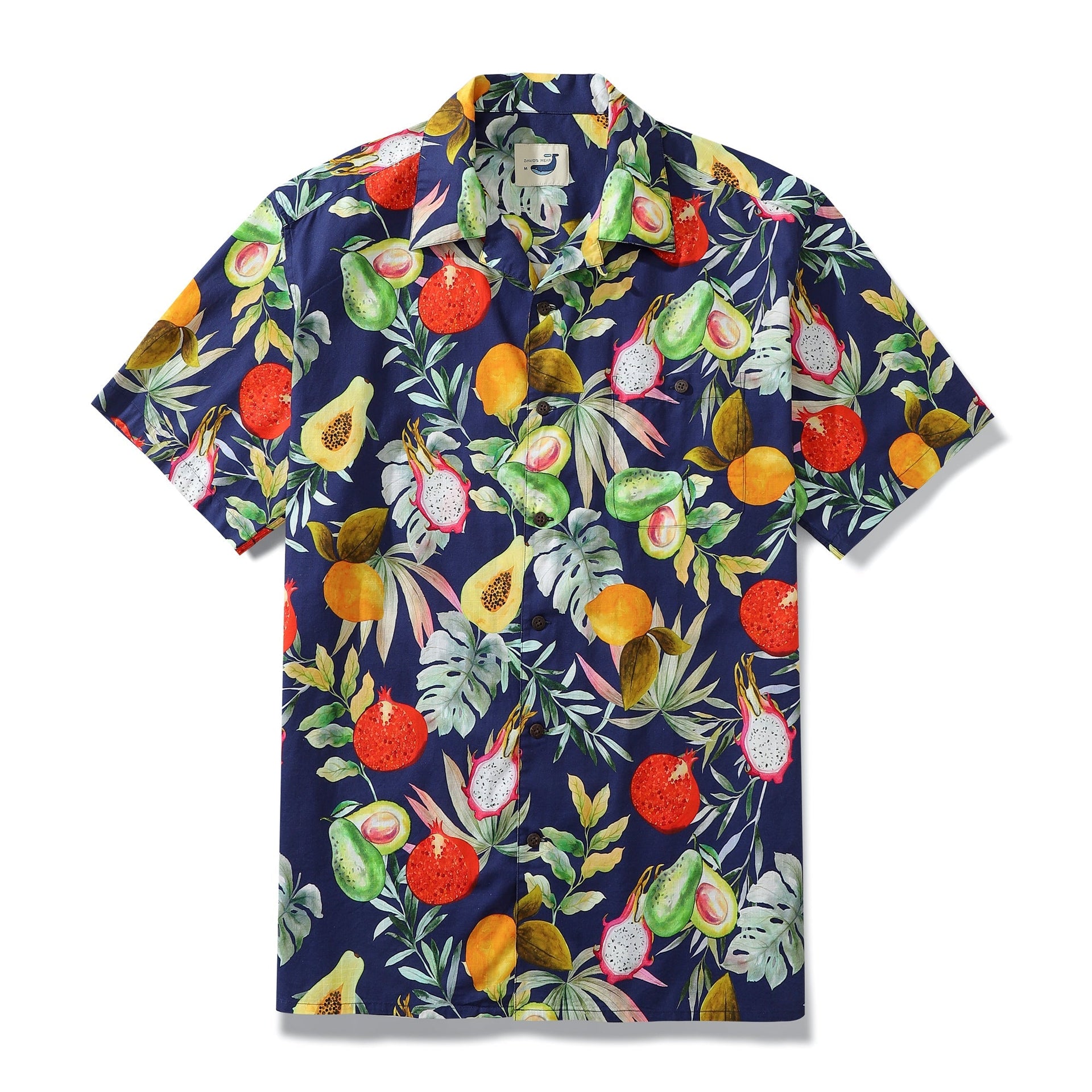 Men's navy blue Hawaiian shirt with avocado, papaya, and mango print in 100% cotton
