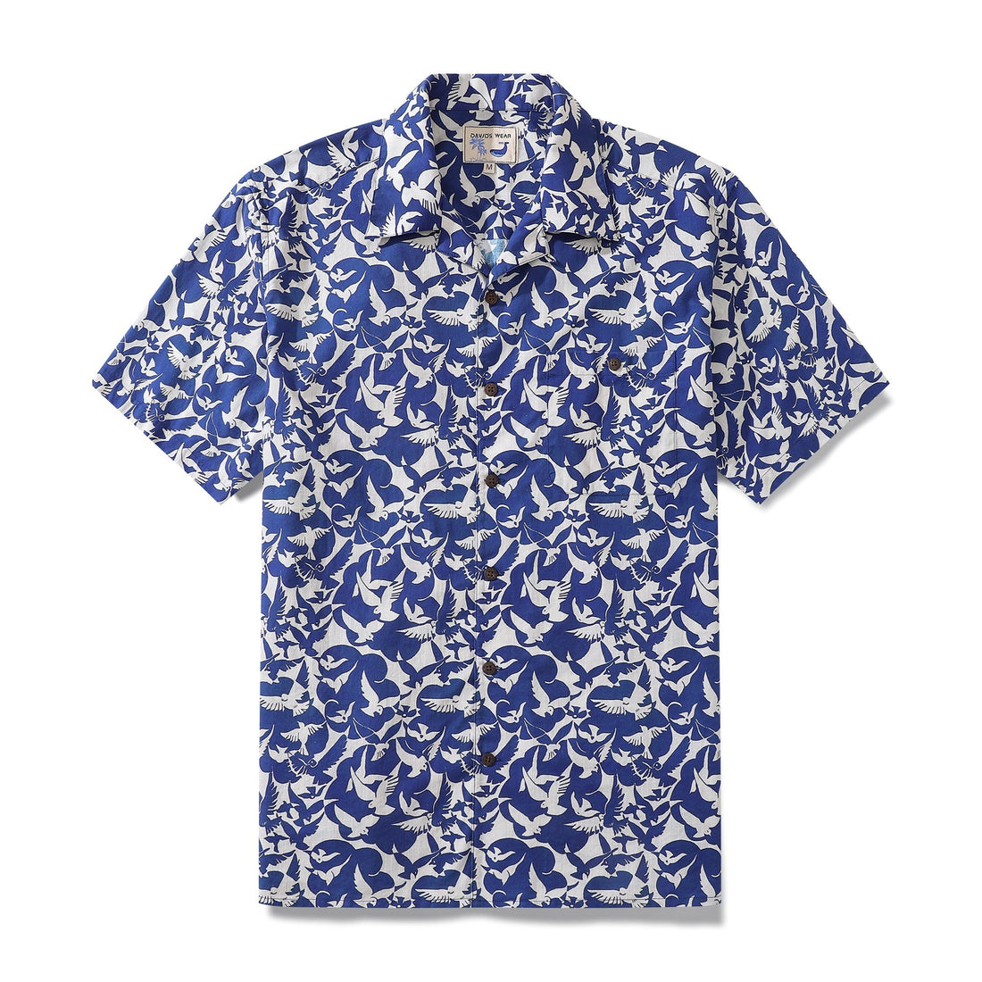 Men's blue and white camp shirt featuring a peace dove print and classic button-down front