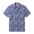 Men's blue and white camp shirt featuring a peace dove print and classic button-down front