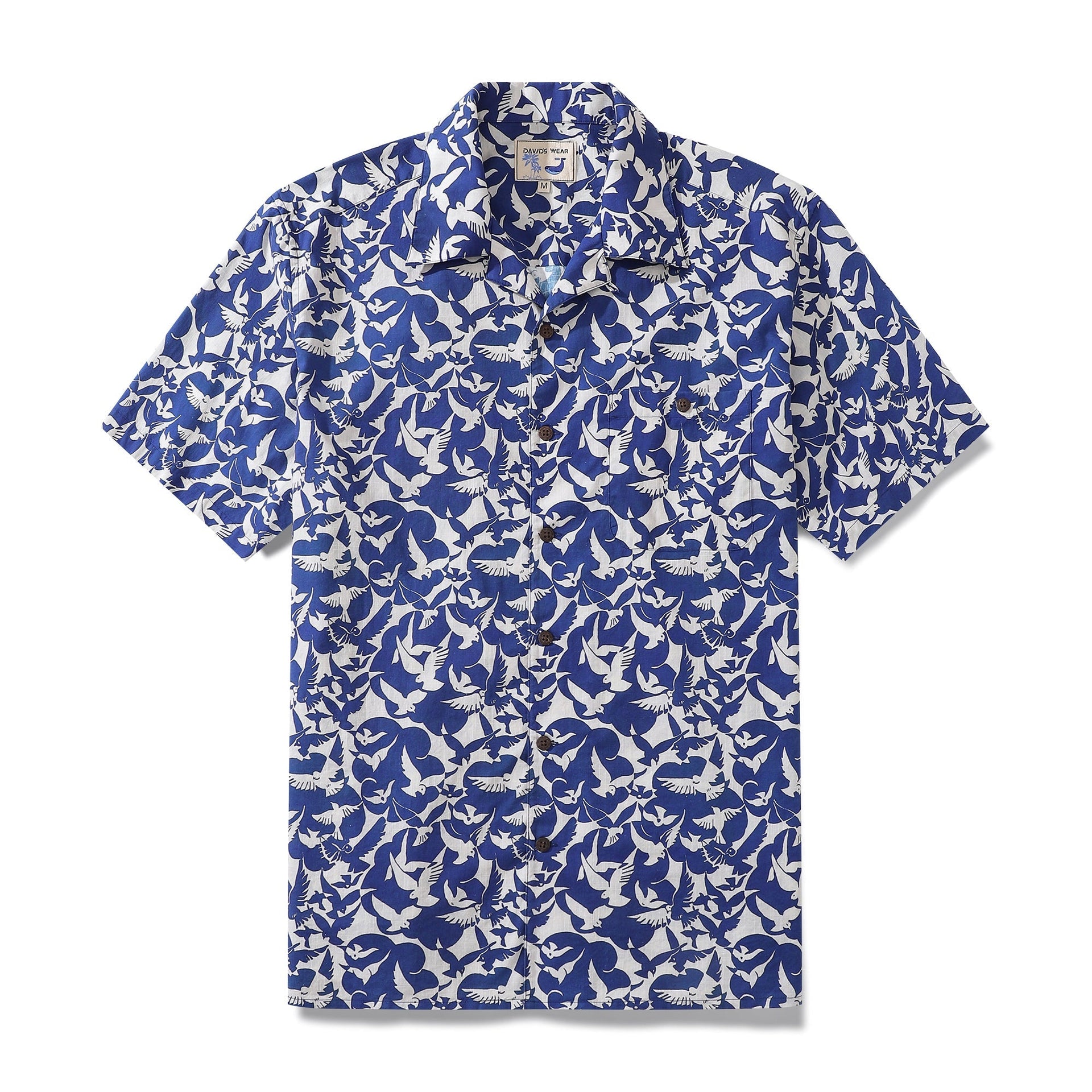 Men's blue and white camp shirt featuring a peace dove print and classic button-down front
