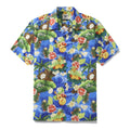 Vintage 1960s style men's Hawaiian shirt with blue, green, yellow, and red floral print.