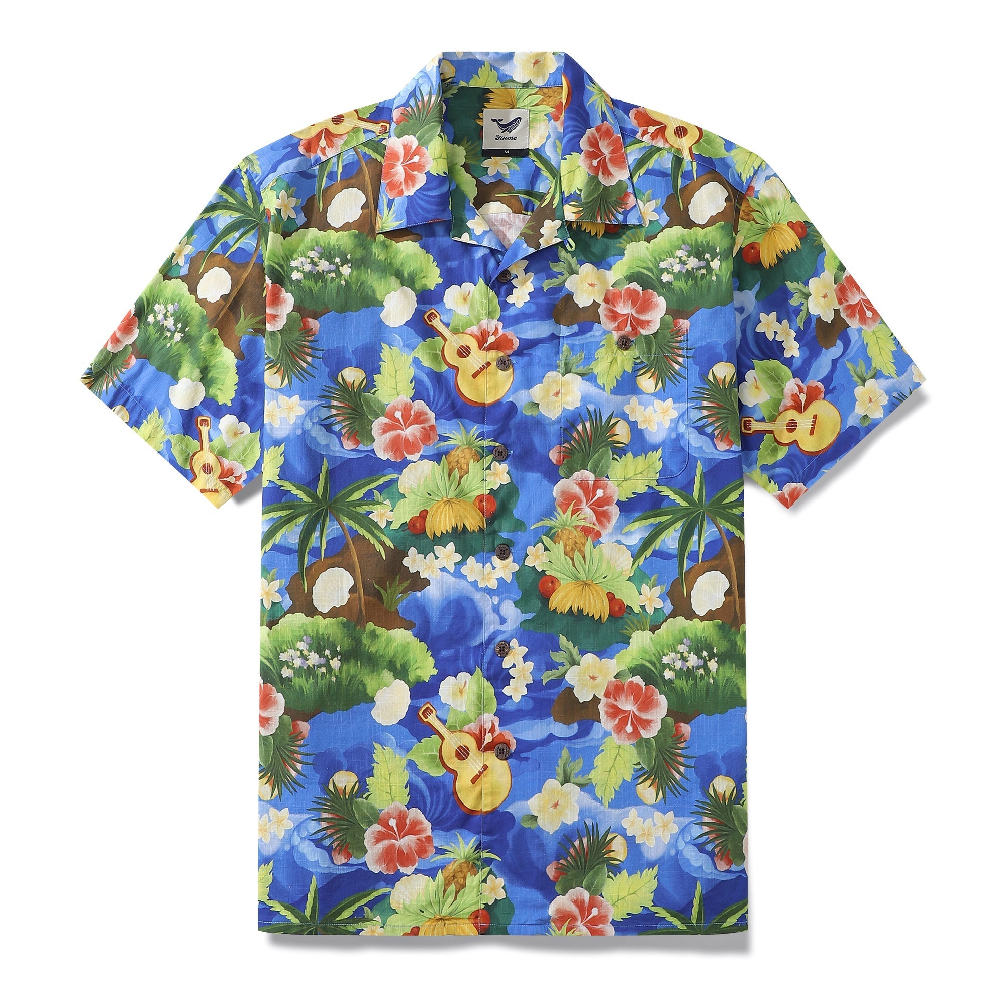 Vintage 1960s style men's Hawaiian shirt with blue, green, yellow, and red floral print.