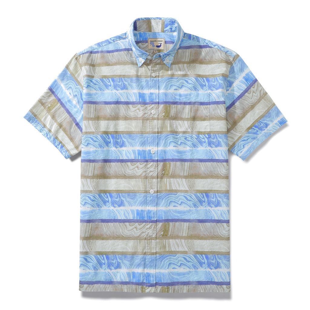Men's blue horizontal stripe button-down shirt with a wave print, short sleeves, and a classic fit.