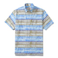 Men's blue horizontal stripe button-down shirt with a wave print, short sleeves, and a classic fit.