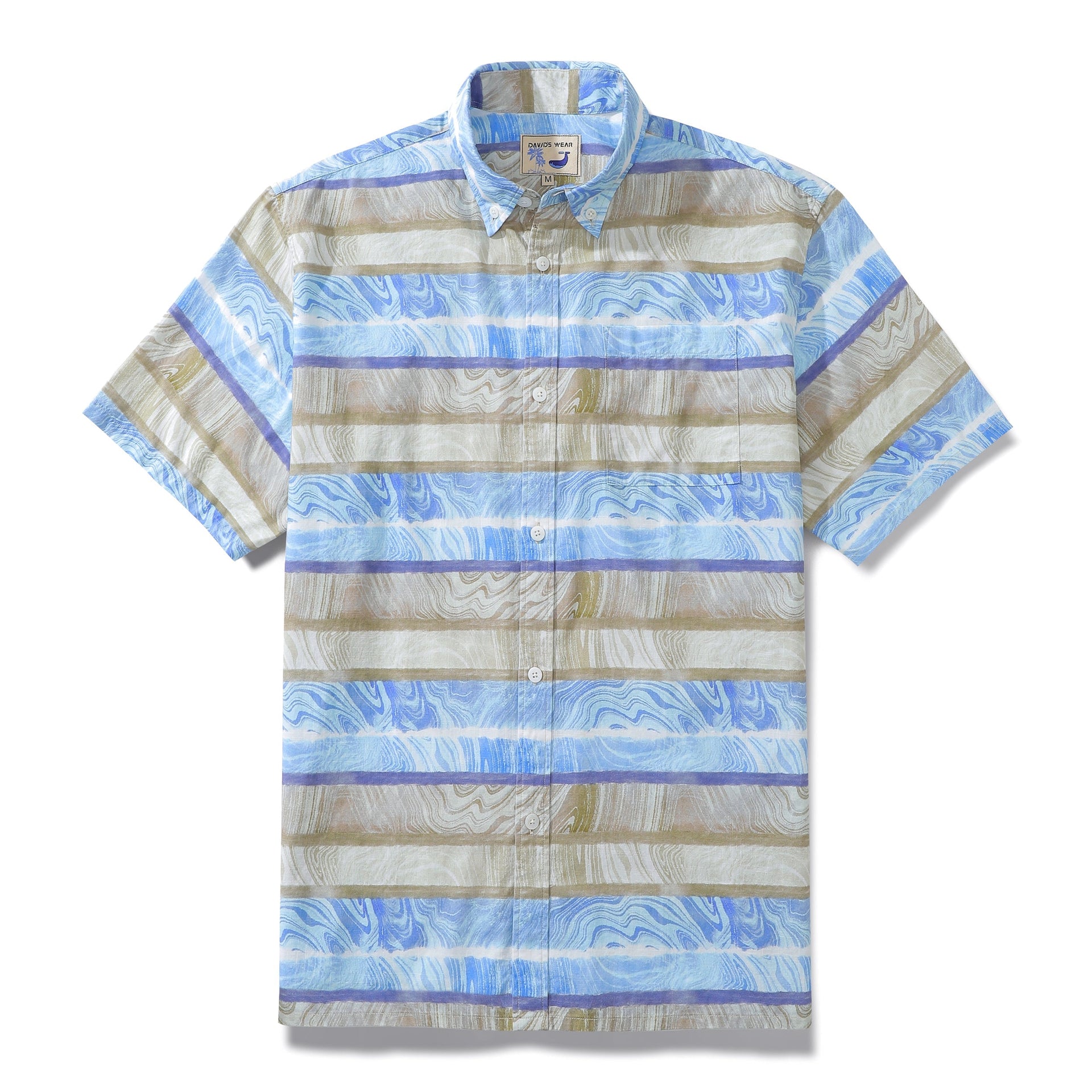 Men's blue horizontal stripe button-down shirt with a wave print, short sleeves, and a classic fit.