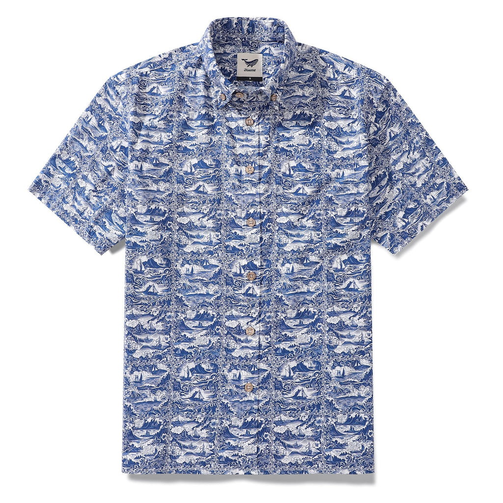 Men's blue and white Hawaiian shirt with vintage sailing ship seascape print and button-down collar