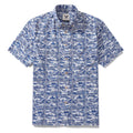 Men's blue and white Hawaiian shirt with vintage sailing ship seascape print and button-down collar