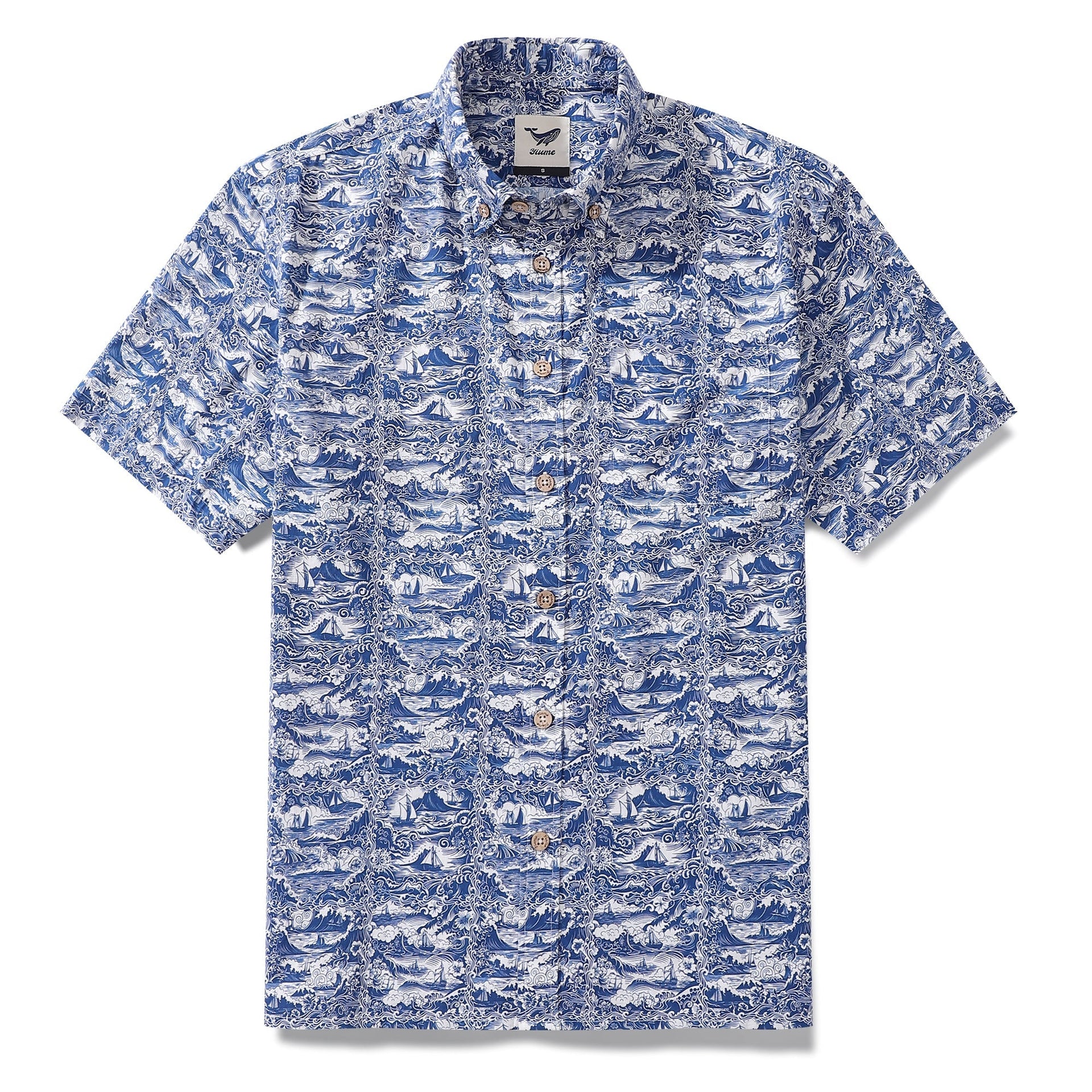 Men's blue and white Hawaiian shirt with vintage sailing ship seascape print and button-down collar