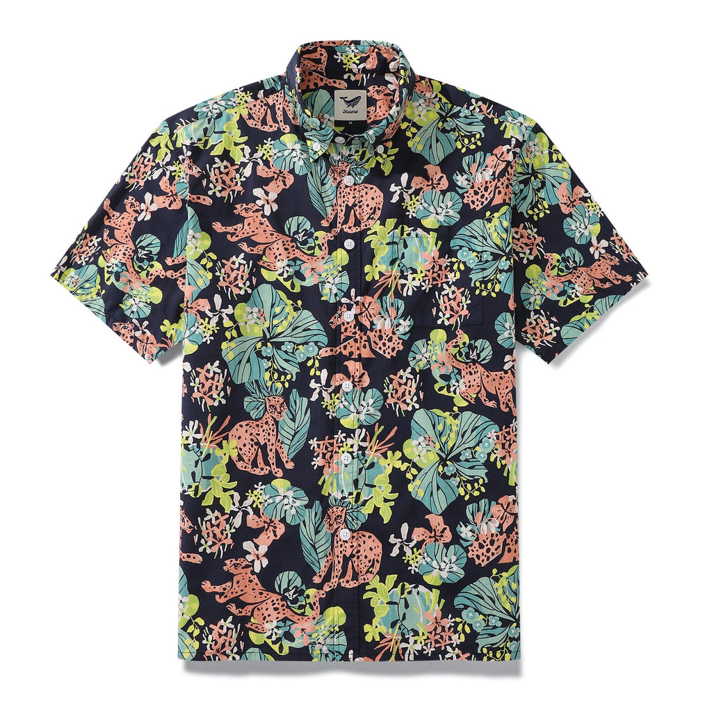 Men's navy blue, teal, and light pink tropical rainforest floral print Hawaiian shirt.