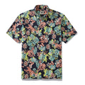 Men's navy blue, teal, and light pink tropical rainforest floral print Hawaiian shirt.