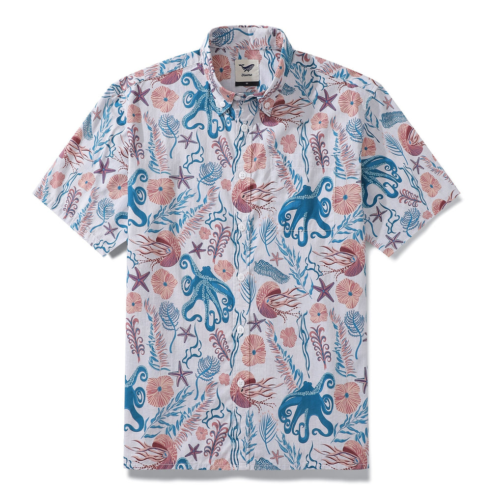 Men's cotton Aloha button-down shirt with octopus, seaweed, and jellyfish print