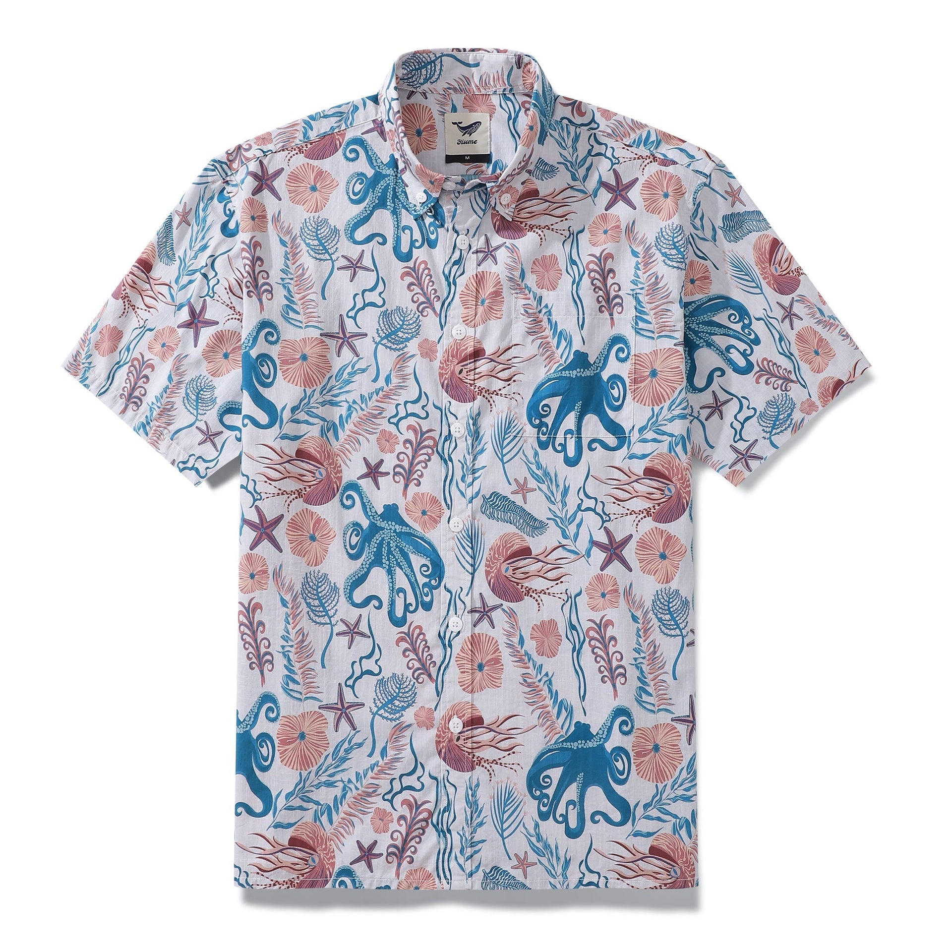 Men's cotton Aloha button-down shirt with octopus, seaweed, and jellyfish print