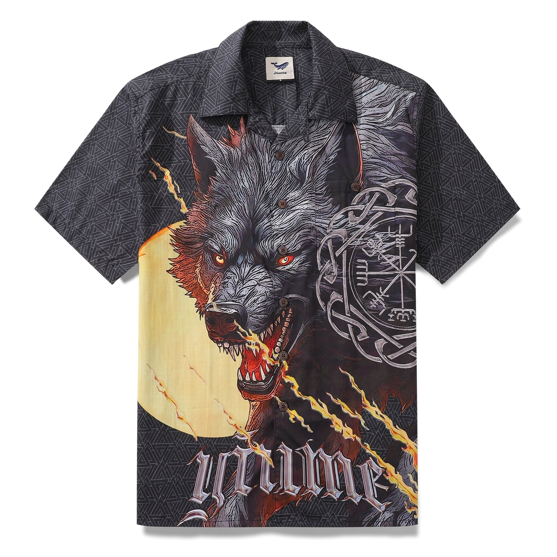 Men's Hawaiian shirt featuring Fenrir wolf Norse mythology pattern
