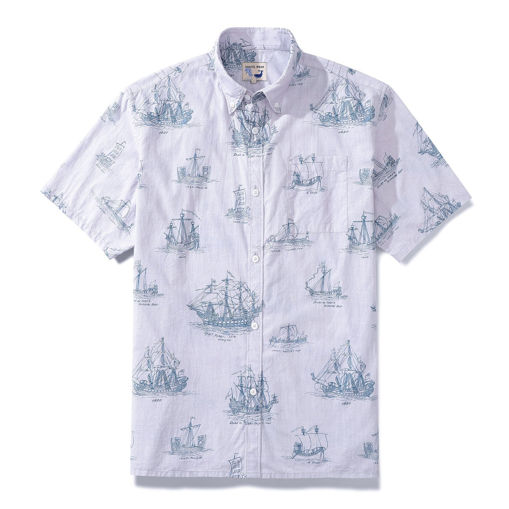 Men's short sleeve Hawaiian shirt with vintage nautical ship and boat drawings in light-purple and navy-blue.
