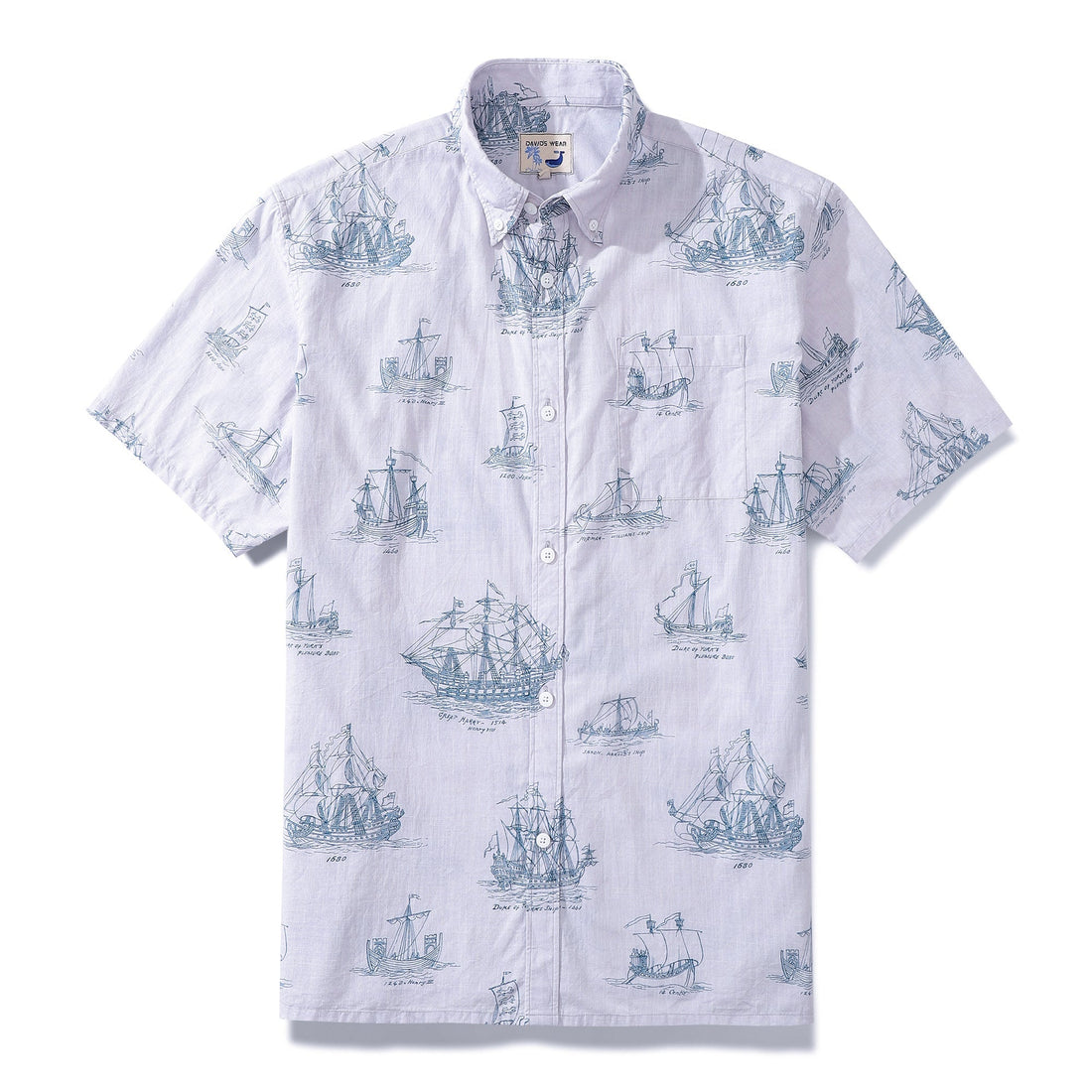Men's short sleeve Hawaiian shirt with vintage nautical ship and boat drawings in light-purple and navy-blue.