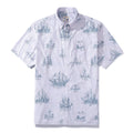 Men's short sleeve Hawaiian shirt with vintage nautical ship and boat drawings in light-purple and navy-blue.