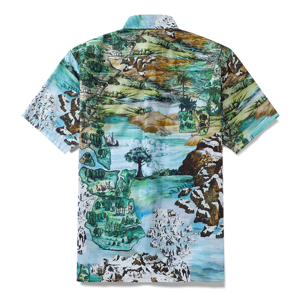 Men's Vintage Map Print Cotton Short Sleeve Aloha Shirt