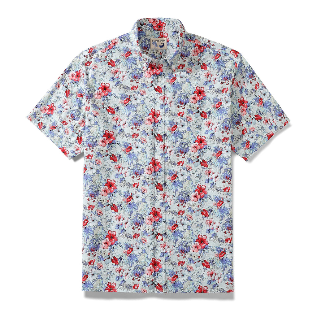 Men's cotton Hawaiian shirt featuring a vibrant tropical hibiscus floral print in white, red, and blue.