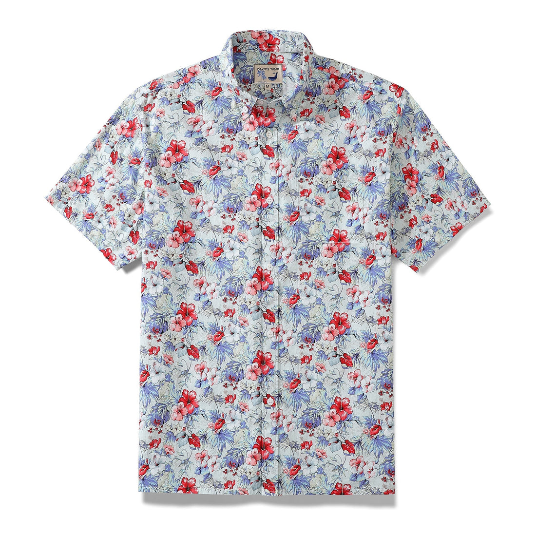 Men's cotton Hawaiian shirt featuring a vibrant tropical hibiscus floral print in white, red, and blue.