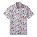 Men's cotton Hawaiian shirt featuring a vibrant tropical hibiscus floral print in white, red, and blue.